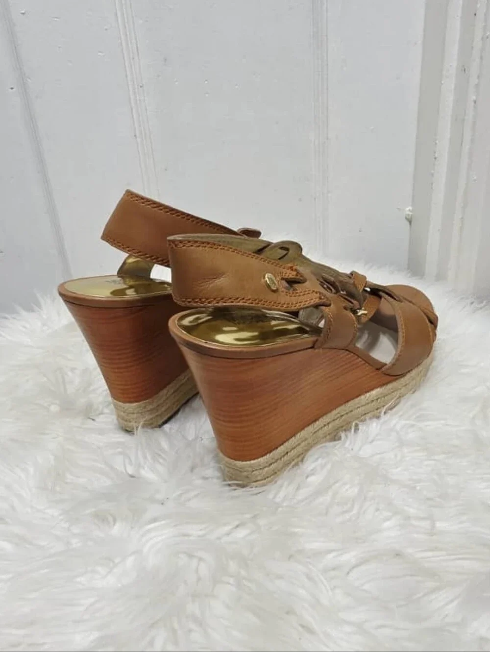 Michael Kors Keli Wedge Leather Espadrille Crossover Heel Sandal Brown Tan 10M